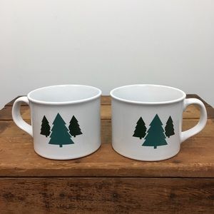 2 pc Stoneware Spruce Tree Coffee Mugs 16 oz Soup Tea Winter Scandinavian Xmas
